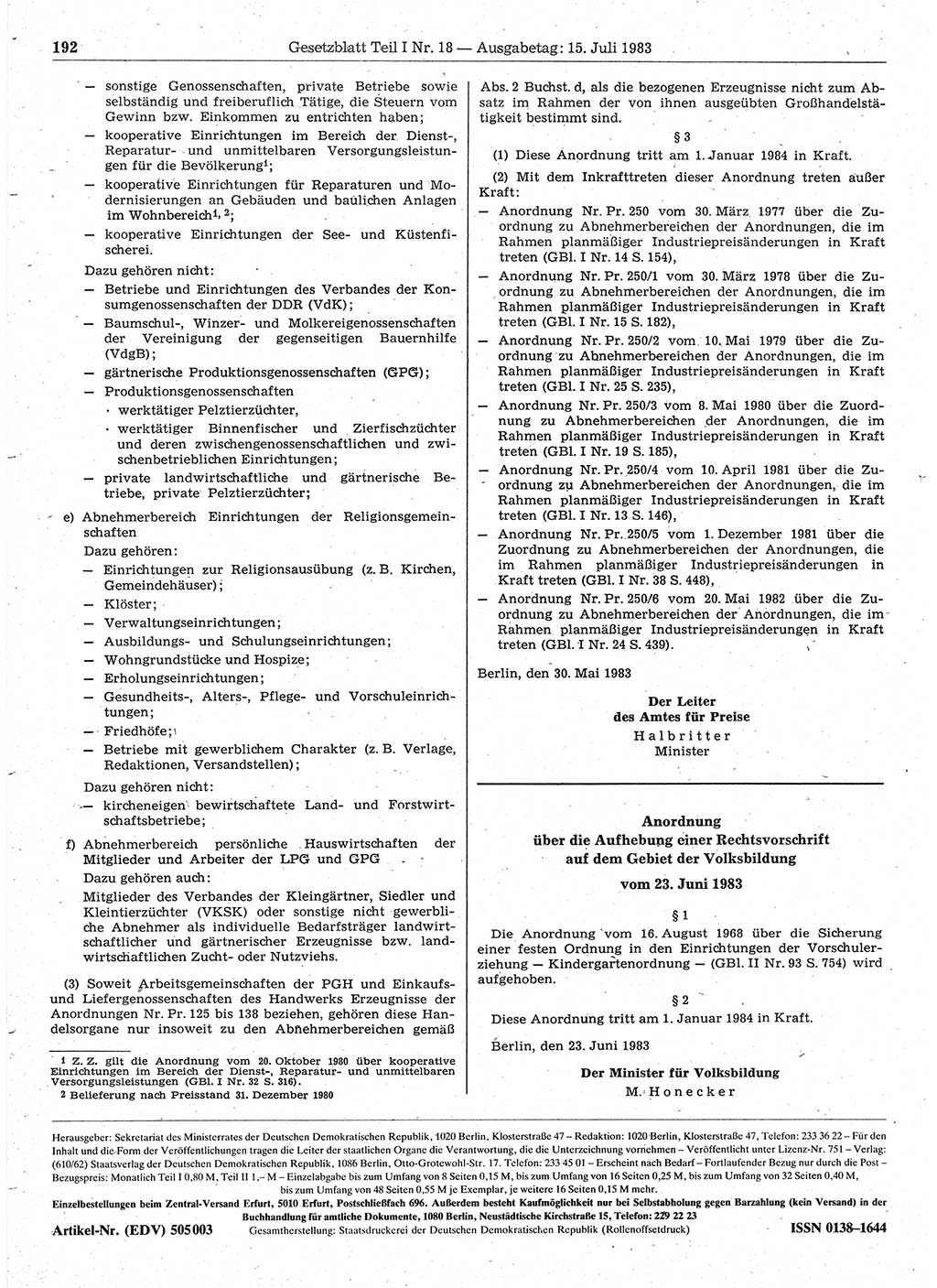 Gesetzblatt (GBl.) der Deutschen Demokratischen Republik (DDR) Teil Ⅰ 1983, Seite 192 (GBl. DDR Ⅰ 1983, S. 192)