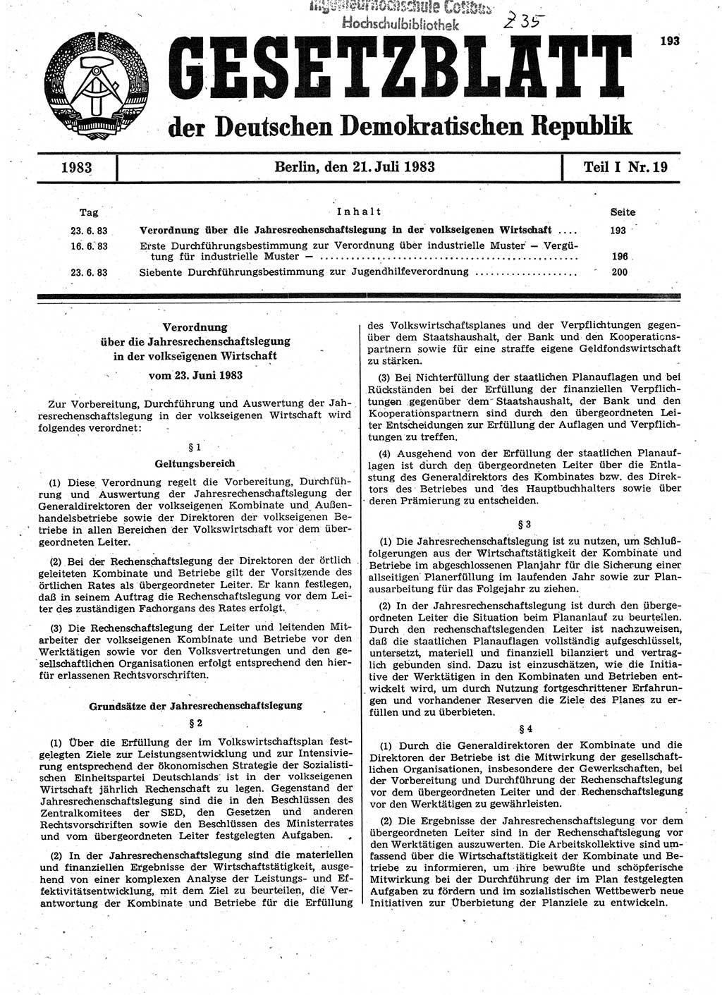 Gesetzblatt (GBl.) der Deutschen Demokratischen Republik (DDR) Teil Ⅰ 1983, Seite 193 (GBl. DDR Ⅰ 1983, S. 193)