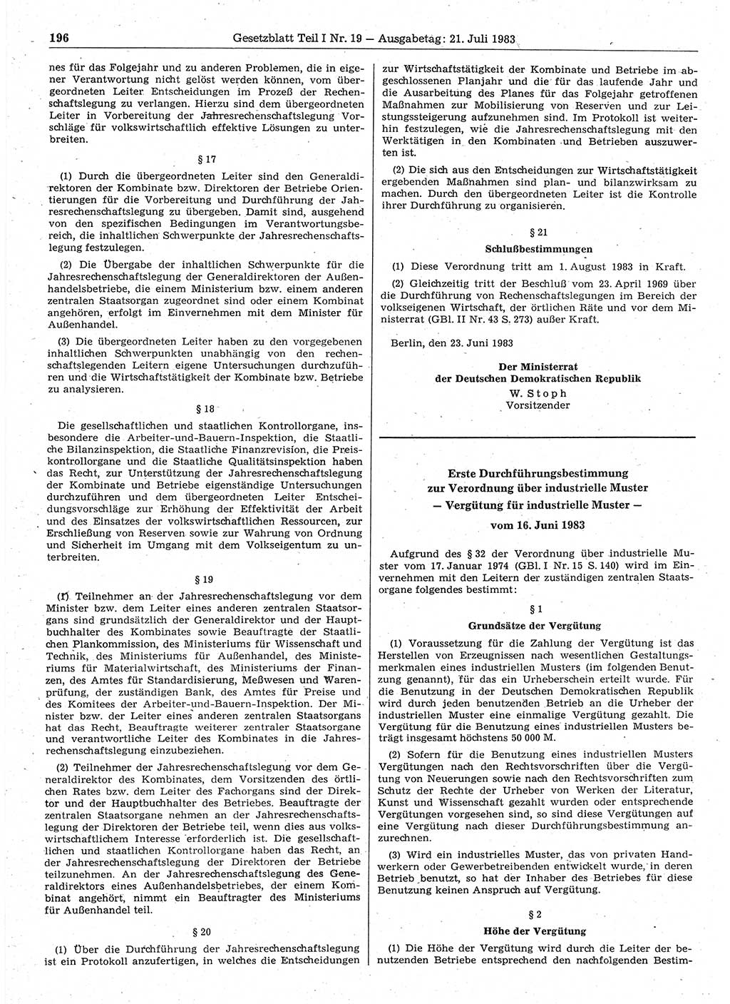 Gesetzblatt (GBl.) der Deutschen Demokratischen Republik (DDR) Teil Ⅰ 1983, Seite 196 (GBl. DDR Ⅰ 1983, S. 196)