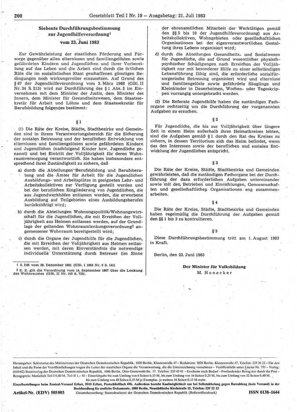 Gesetzblatt (GBl.) der Deutschen Demokratischen Republik (DDR) Teil Ⅰ 1983, Seite 200 (GBl. DDR Ⅰ 1983, S. 200)