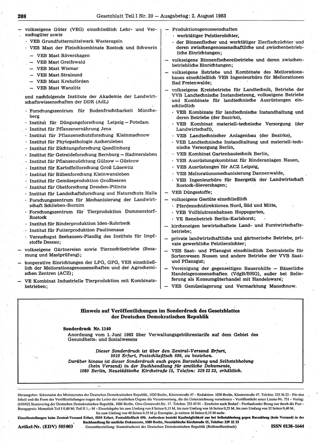 Gesetzblatt (GBl.) der Deutschen Demokratischen Republik (DDR) Teil Ⅰ 1983, Seite 208 (GBl. DDR Ⅰ 1983, S. 208)