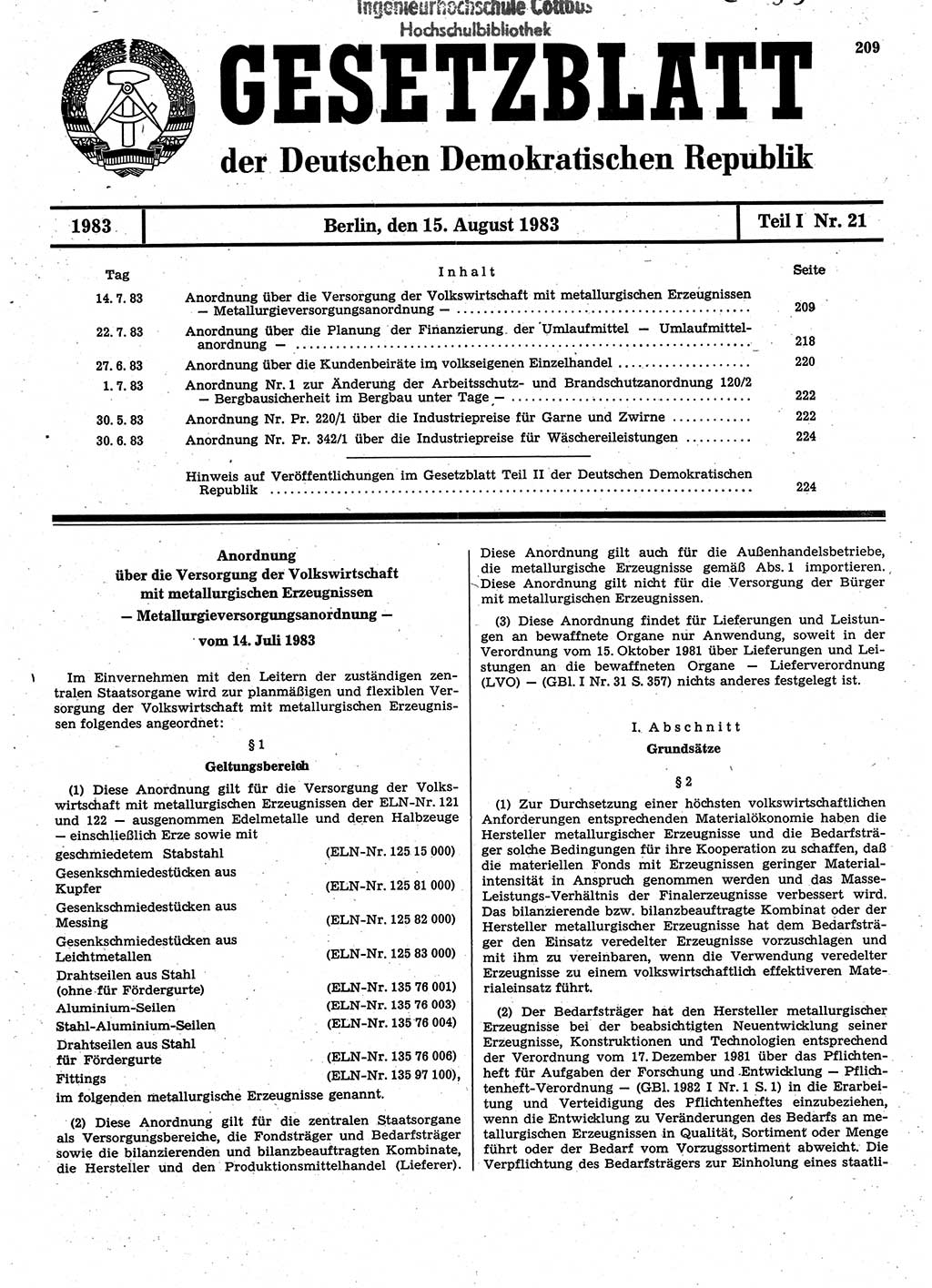 Gesetzblatt (GBl.) der Deutschen Demokratischen Republik (DDR) Teil Ⅰ 1983, Seite 209 (GBl. DDR Ⅰ 1983, S. 209)