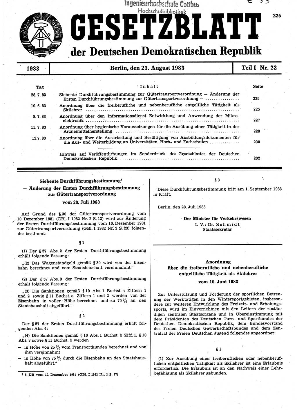 Gesetzblatt (GBl.) der Deutschen Demokratischen Republik (DDR) Teil Ⅰ 1983, Seite 225 (GBl. DDR Ⅰ 1983, S. 225)