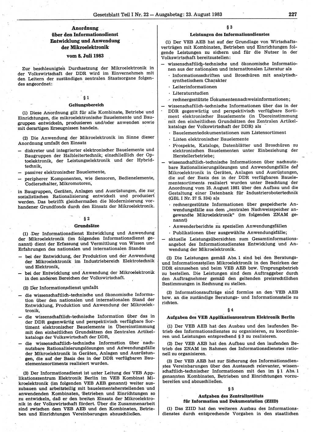 Gesetzblatt (GBl.) der Deutschen Demokratischen Republik (DDR) Teil Ⅰ 1983, Seite 227 (GBl. DDR Ⅰ 1983, S. 227)