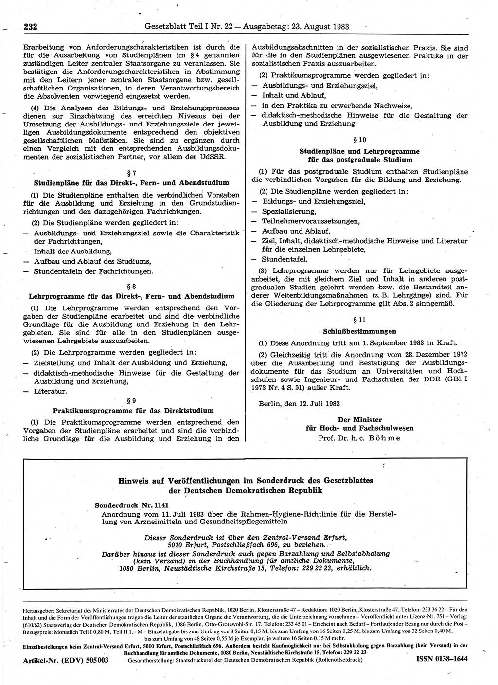 Gesetzblatt (GBl.) der Deutschen Demokratischen Republik (DDR) Teil Ⅰ 1983, Seite 232 (GBl. DDR Ⅰ 1983, S. 232)