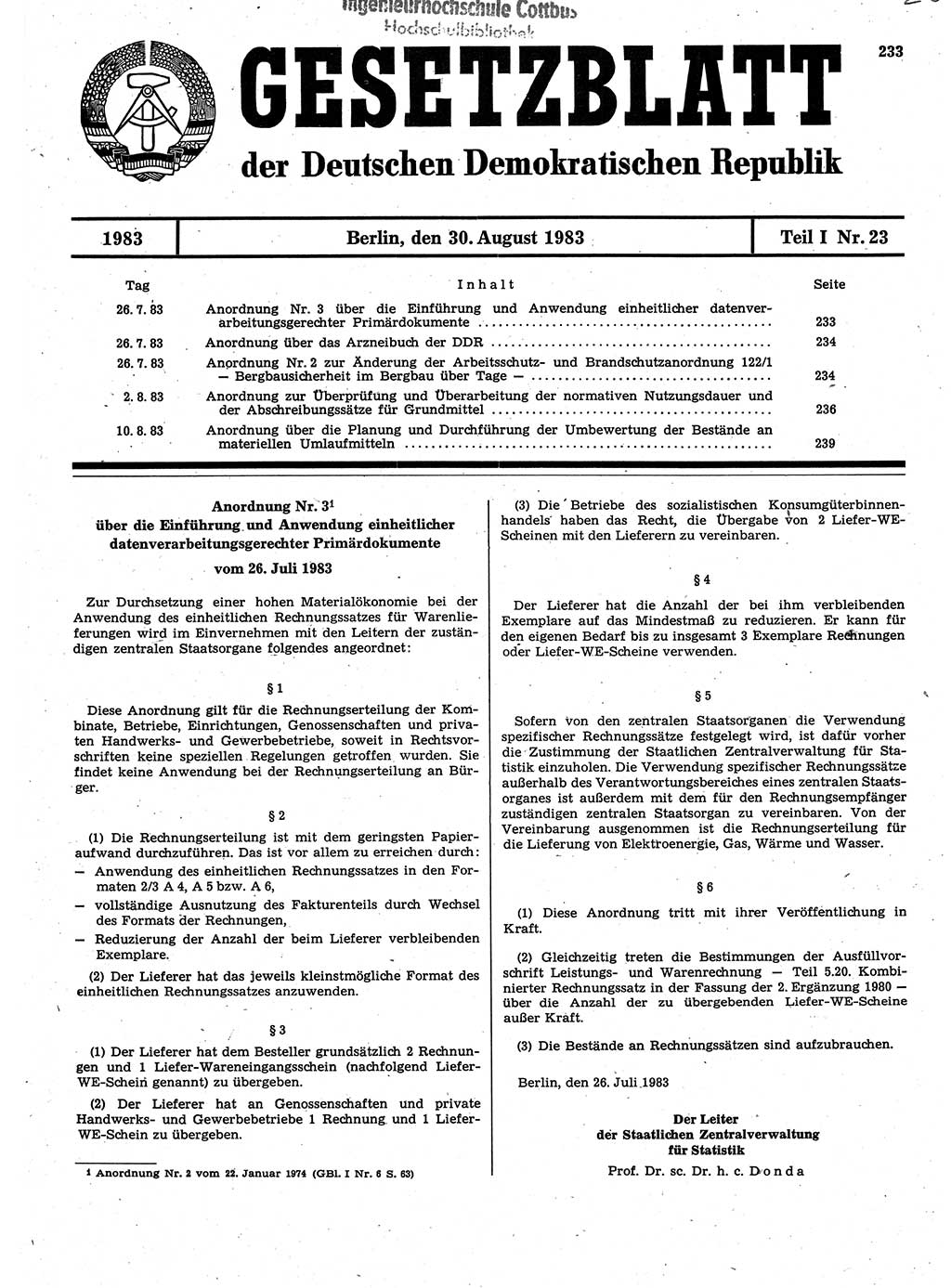 Gesetzblatt (GBl.) der Deutschen Demokratischen Republik (DDR) Teil Ⅰ 1983, Seite 233 (GBl. DDR Ⅰ 1983, S. 233)