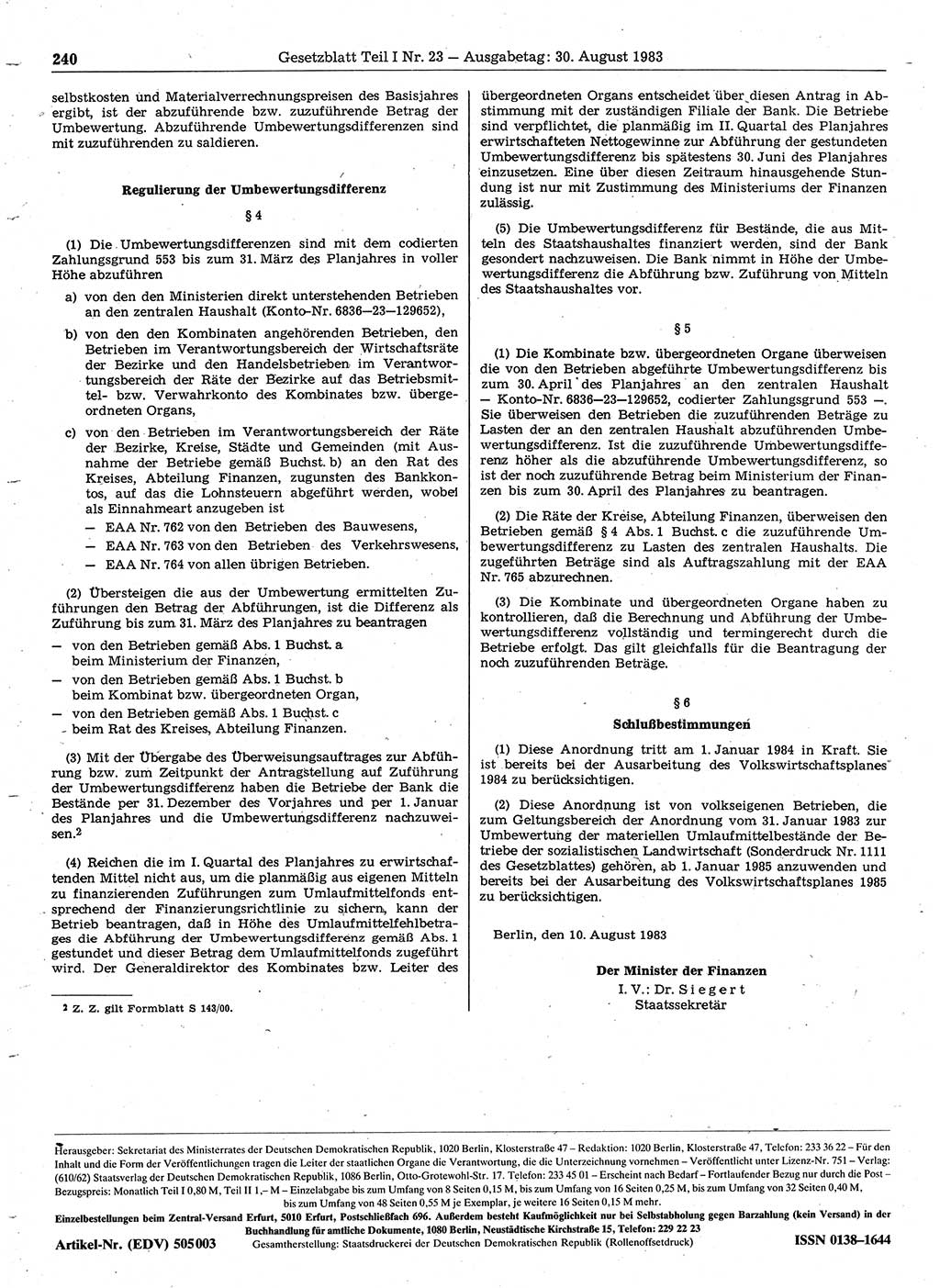 Gesetzblatt (GBl.) der Deutschen Demokratischen Republik (DDR) Teil Ⅰ 1983, Seite 240 (GBl. DDR Ⅰ 1983, S. 240)