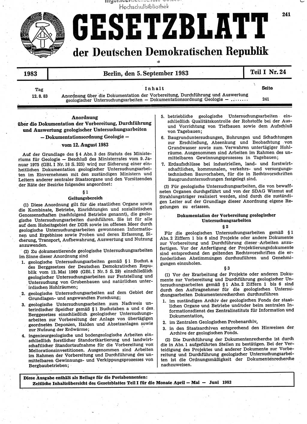 Gesetzblatt (GBl.) der Deutschen Demokratischen Republik (DDR) Teil Ⅰ 1983, Seite 241 (GBl. DDR Ⅰ 1983, S. 241)