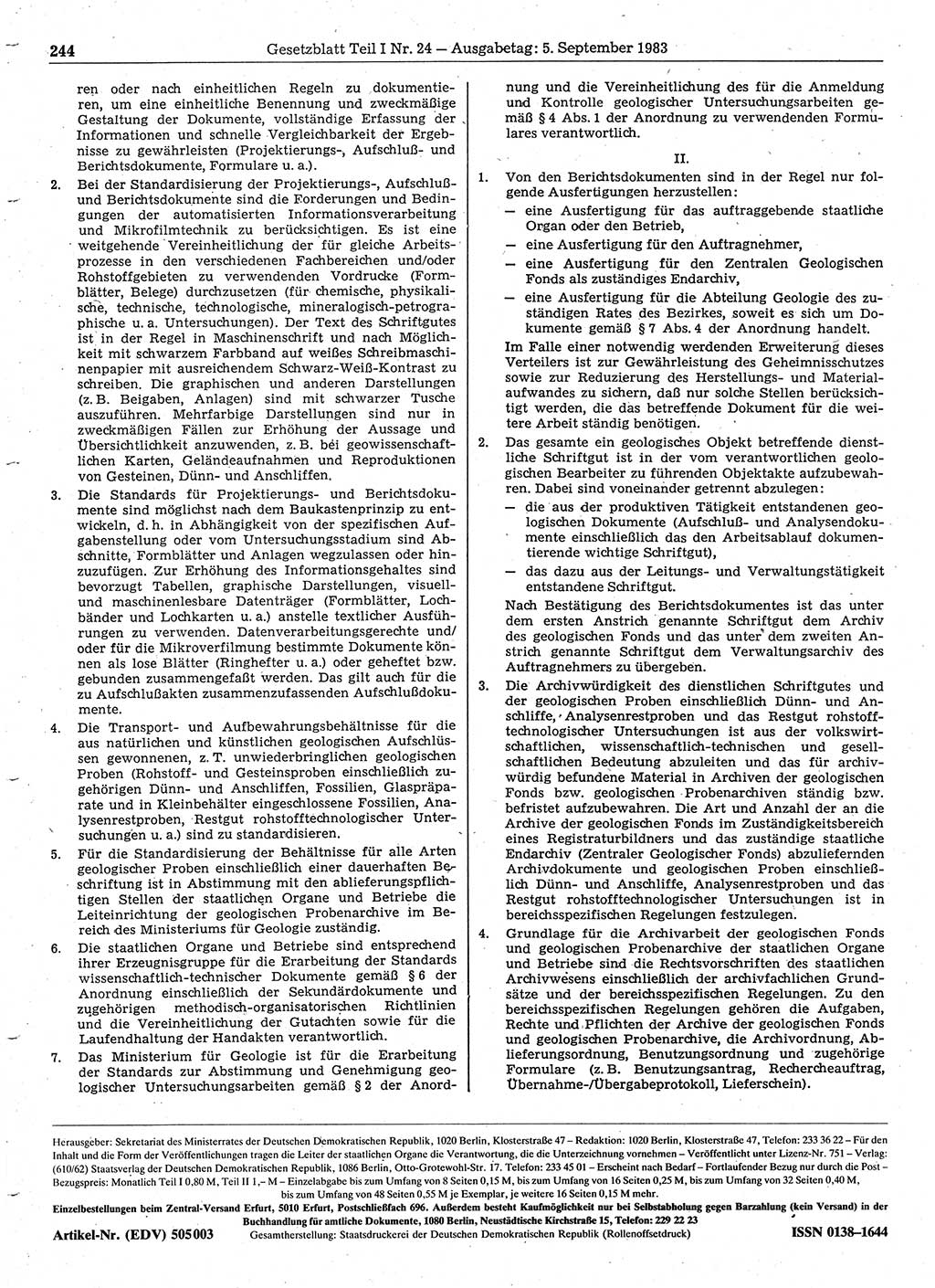 Gesetzblatt (GBl.) der Deutschen Demokratischen Republik (DDR) Teil Ⅰ 1983, Seite 244 (GBl. DDR Ⅰ 1983, S. 244)