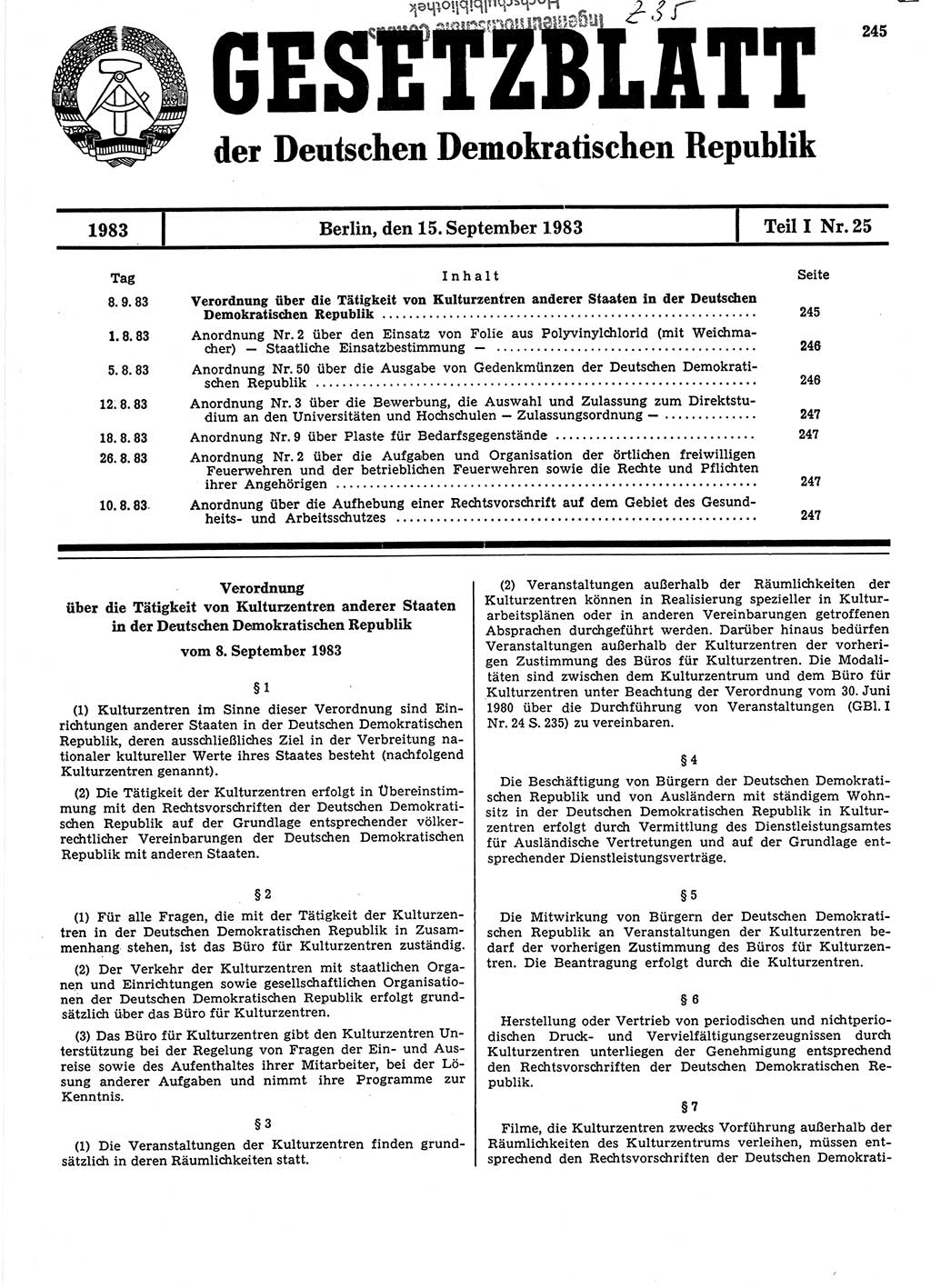 Gesetzblatt (GBl.) der Deutschen Demokratischen Republik (DDR) Teil Ⅰ 1983, Seite 245 (GBl. DDR Ⅰ 1983, S. 245)