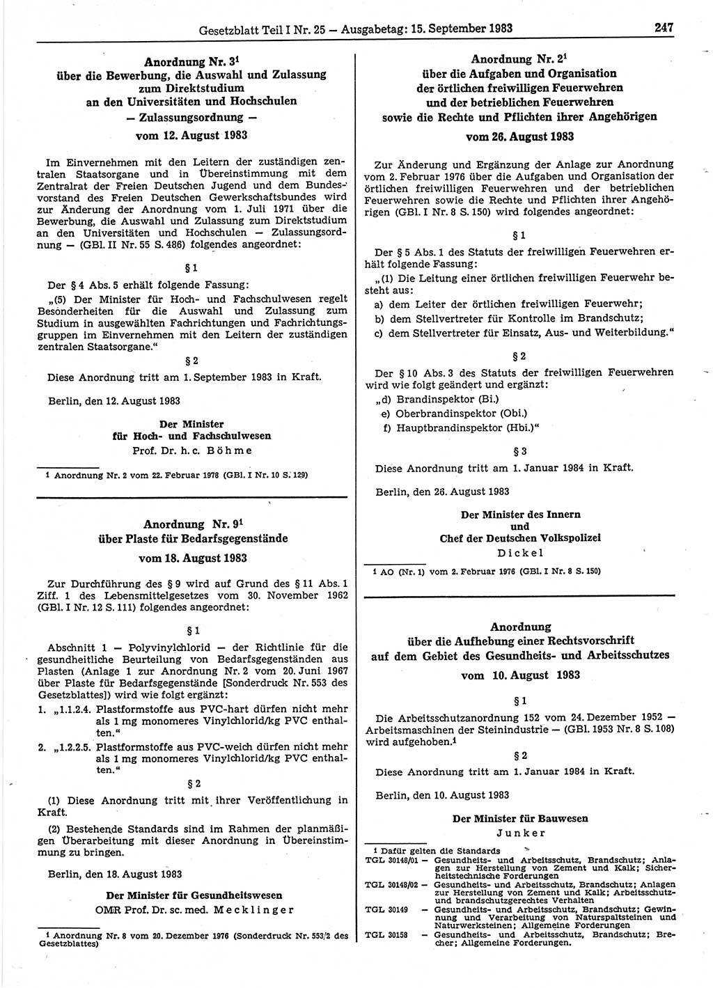Gesetzblatt (GBl.) der Deutschen Demokratischen Republik (DDR) Teil Ⅰ 1983, Seite 247 (GBl. DDR Ⅰ 1983, S. 247)