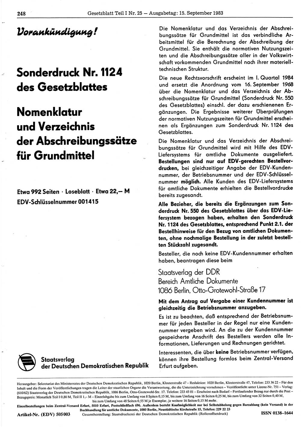 Gesetzblatt (GBl.) der Deutschen Demokratischen Republik (DDR) Teil Ⅰ 1983, Seite 248 (GBl. DDR Ⅰ 1983, S. 248)