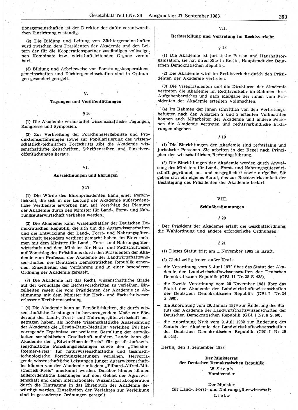 Gesetzblatt (GBl.) der Deutschen Demokratischen Republik (DDR) Teil Ⅰ 1983, Seite 253 (GBl. DDR Ⅰ 1983, S. 253)