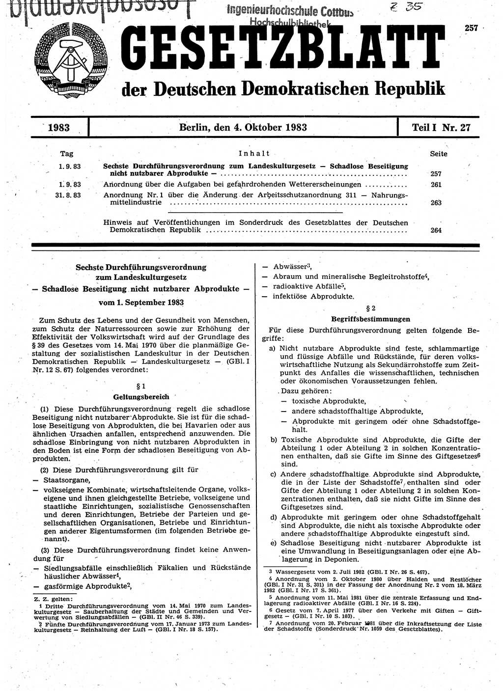 Gesetzblatt (GBl.) der Deutschen Demokratischen Republik (DDR) Teil Ⅰ 1983, Seite 257 (GBl. DDR Ⅰ 1983, S. 257)