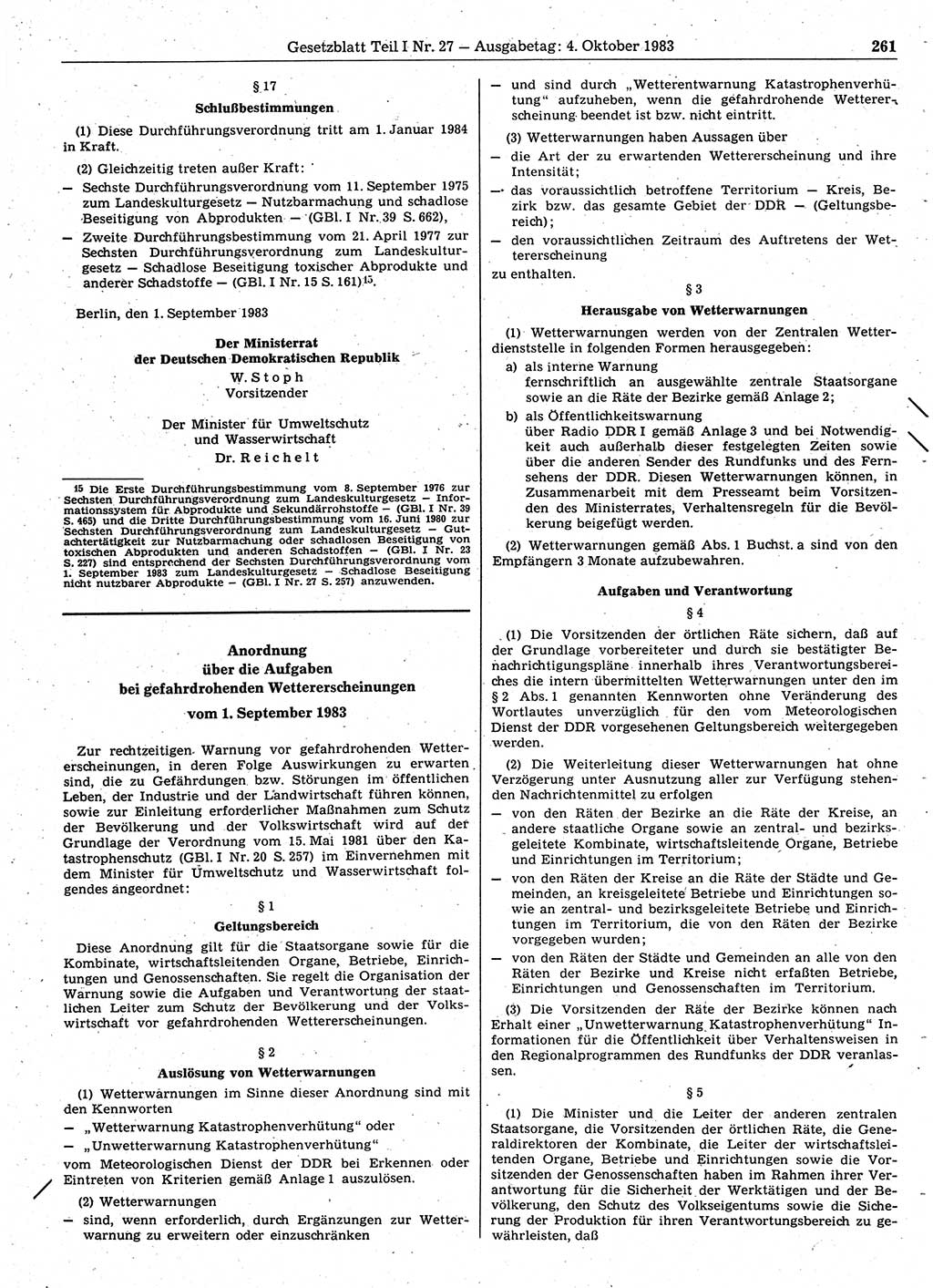 Gesetzblatt (GBl.) der Deutschen Demokratischen Republik (DDR) Teil Ⅰ 1983, Seite 261 (GBl. DDR Ⅰ 1983, S. 261)