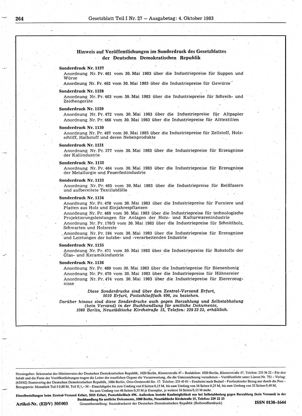 Gesetzblatt (GBl.) der Deutschen Demokratischen Republik (DDR) Teil Ⅰ 1983, Seite 264 (GBl. DDR Ⅰ 1983, S. 264)