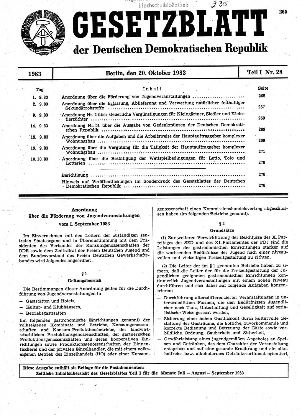 Gesetzblatt (GBl.) der Deutschen Demokratischen Republik (DDR) Teil Ⅰ 1983, Seite 265 (GBl. DDR Ⅰ 1983, S. 265)