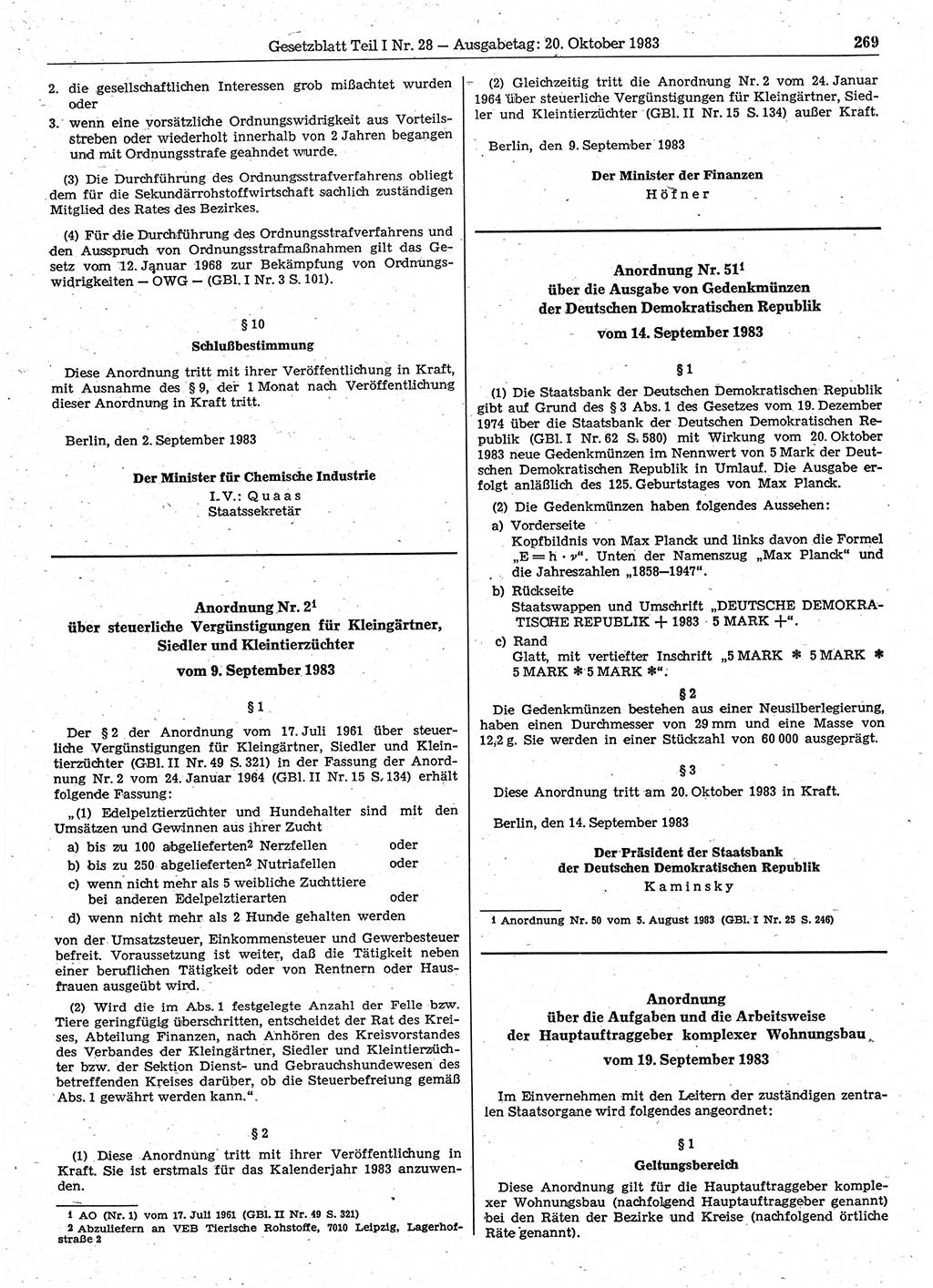 Gesetzblatt (GBl.) der Deutschen Demokratischen Republik (DDR) Teil Ⅰ 1983, Seite 269 (GBl. DDR Ⅰ 1983, S. 269)