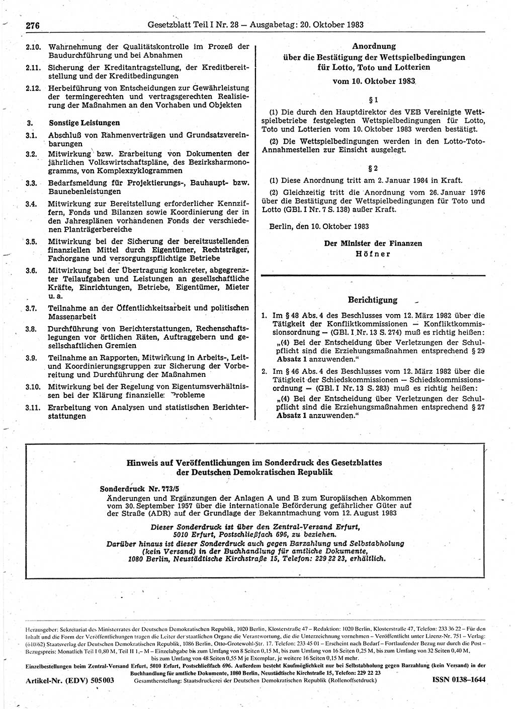 Gesetzblatt (GBl.) der Deutschen Demokratischen Republik (DDR) Teil Ⅰ 1983, Seite 276 (GBl. DDR Ⅰ 1983, S. 276)