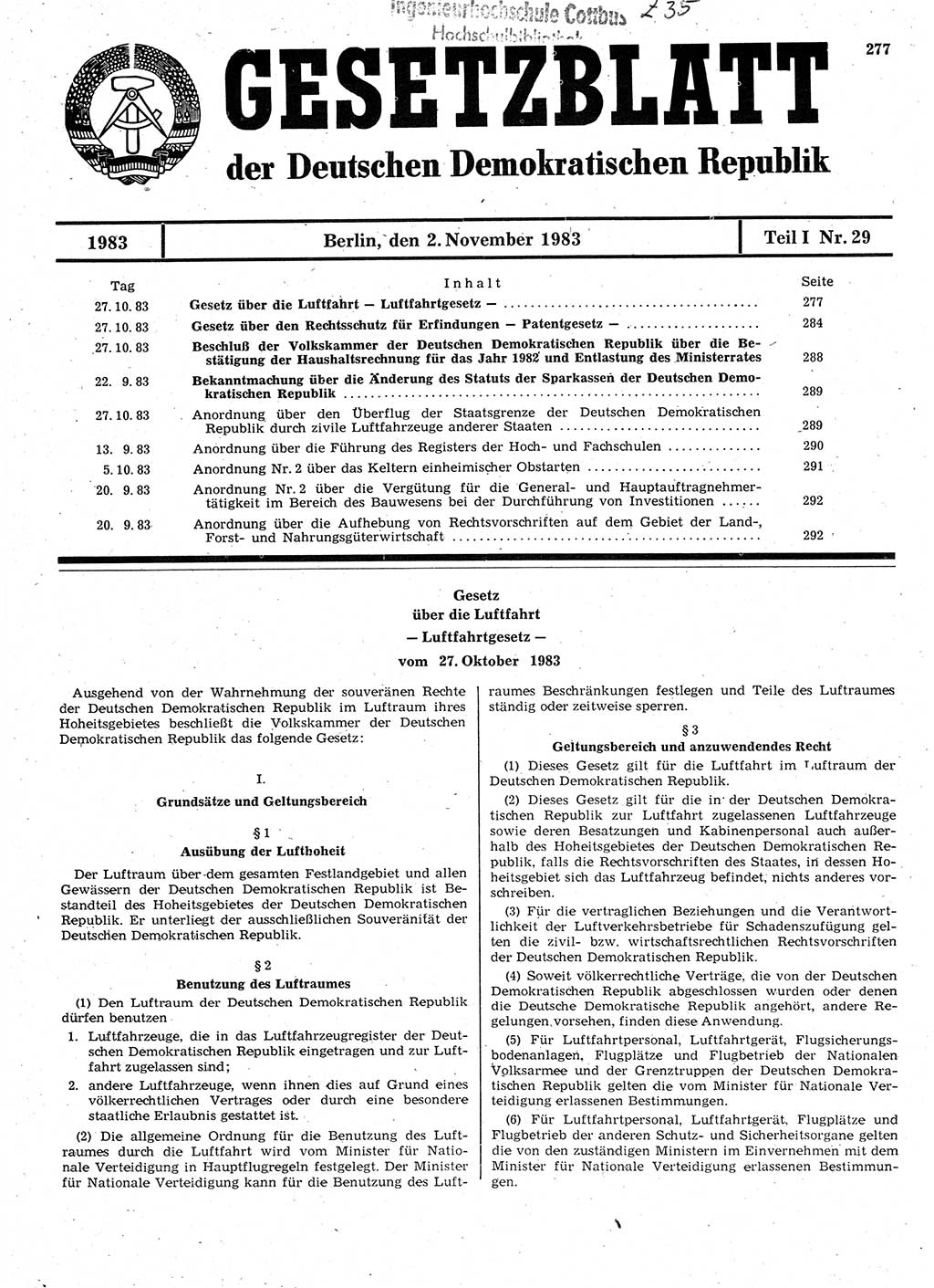 Gesetzblatt (GBl.) der Deutschen Demokratischen Republik (DDR) Teil Ⅰ 1983, Seite 277 (GBl. DDR Ⅰ 1983, S. 277)