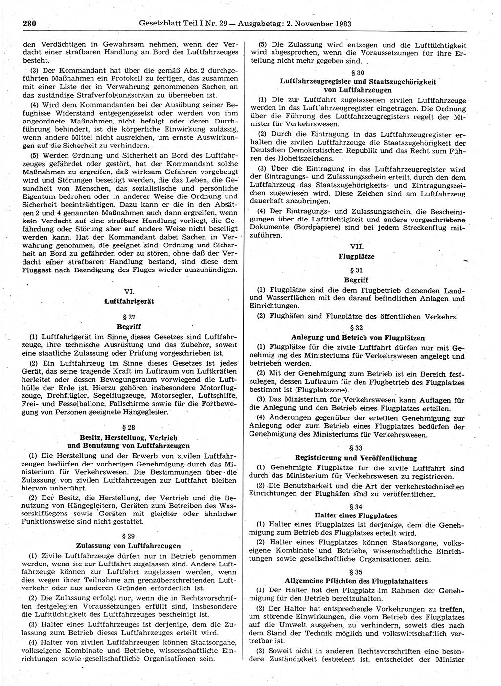 Gesetzblatt (GBl.) der Deutschen Demokratischen Republik (DDR) Teil Ⅰ 1983, Seite 280 (GBl. DDR Ⅰ 1983, S. 280)