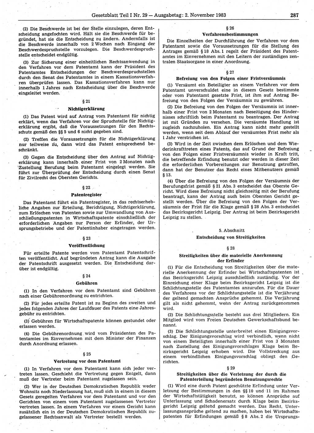 Gesetzblatt (GBl.) der Deutschen Demokratischen Republik (DDR) Teil Ⅰ 1983, Seite 287 (GBl. DDR Ⅰ 1983, S. 287)