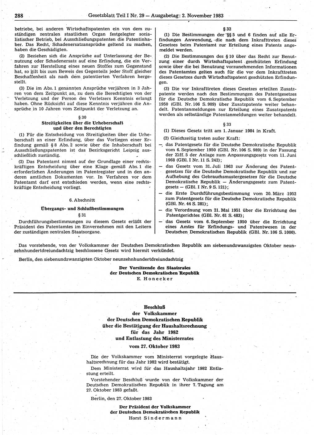 Gesetzblatt (GBl.) der Deutschen Demokratischen Republik (DDR) Teil Ⅰ 1983, Seite 288 (GBl. DDR Ⅰ 1983, S. 288)