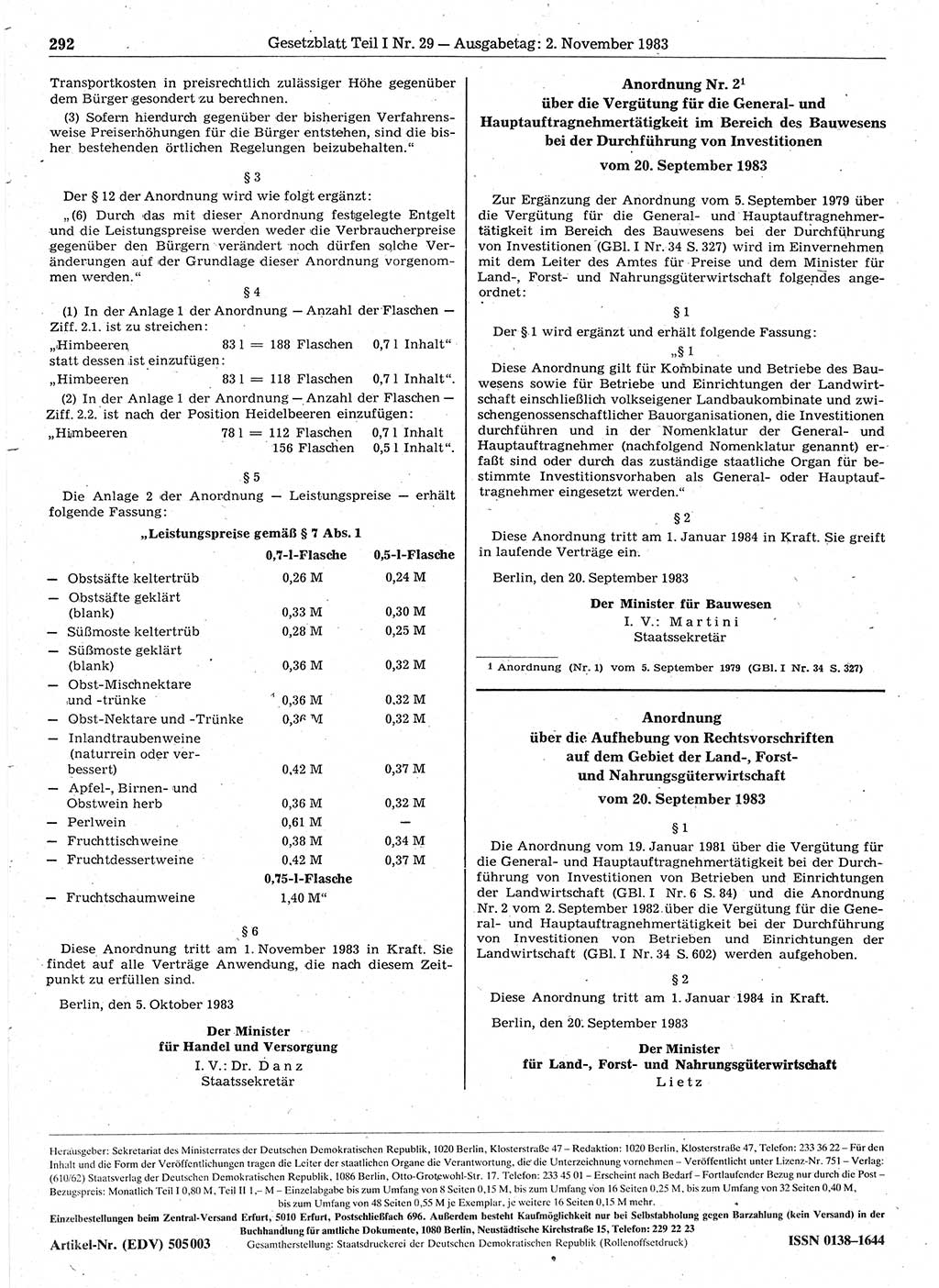 Gesetzblatt (GBl.) der Deutschen Demokratischen Republik (DDR) Teil Ⅰ 1983, Seite 292 (GBl. DDR Ⅰ 1983, S. 292)