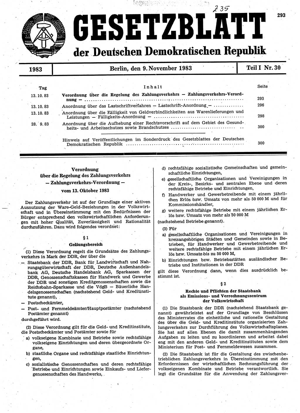 Gesetzblatt (GBl.) der Deutschen Demokratischen Republik (DDR) Teil Ⅰ 1983, Seite 293 (GBl. DDR Ⅰ 1983, S. 293)