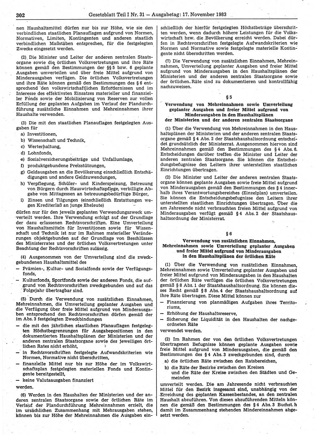 Gesetzblatt (GBl.) der Deutschen Demokratischen Republik (DDR) Teil Ⅰ 1983, Seite 302 (GBl. DDR Ⅰ 1983, S. 302)