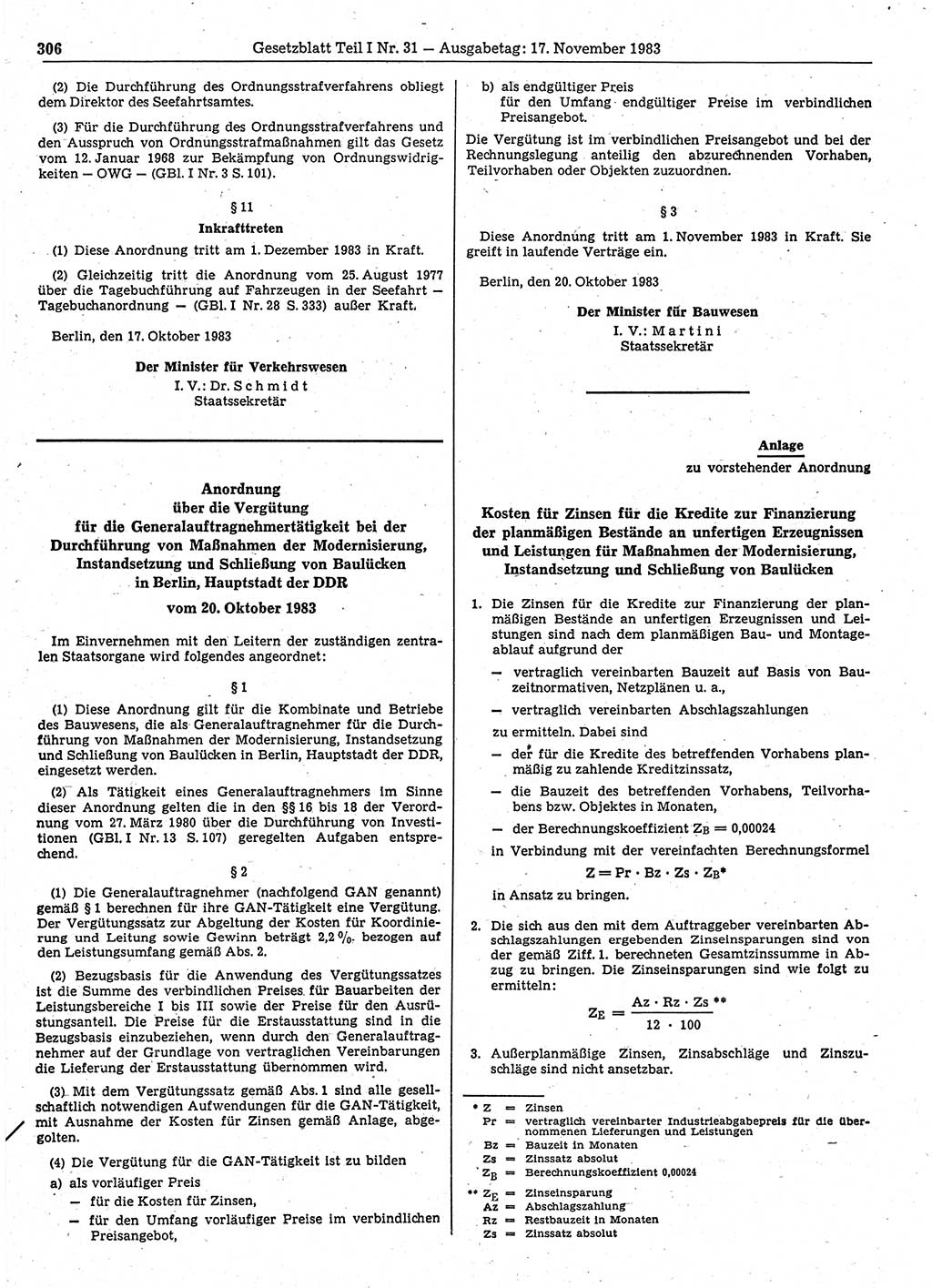 Gesetzblatt (GBl.) der Deutschen Demokratischen Republik (DDR) Teil Ⅰ 1983, Seite 306 (GBl. DDR Ⅰ 1983, S. 306)