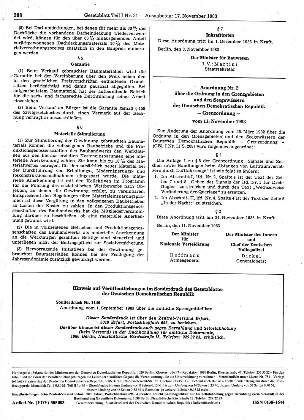 Gesetzblatt (GBl.) der Deutschen Demokratischen Republik (DDR) Teil Ⅰ 1983, Seite 308 (GBl. DDR Ⅰ 1983, S. 308)