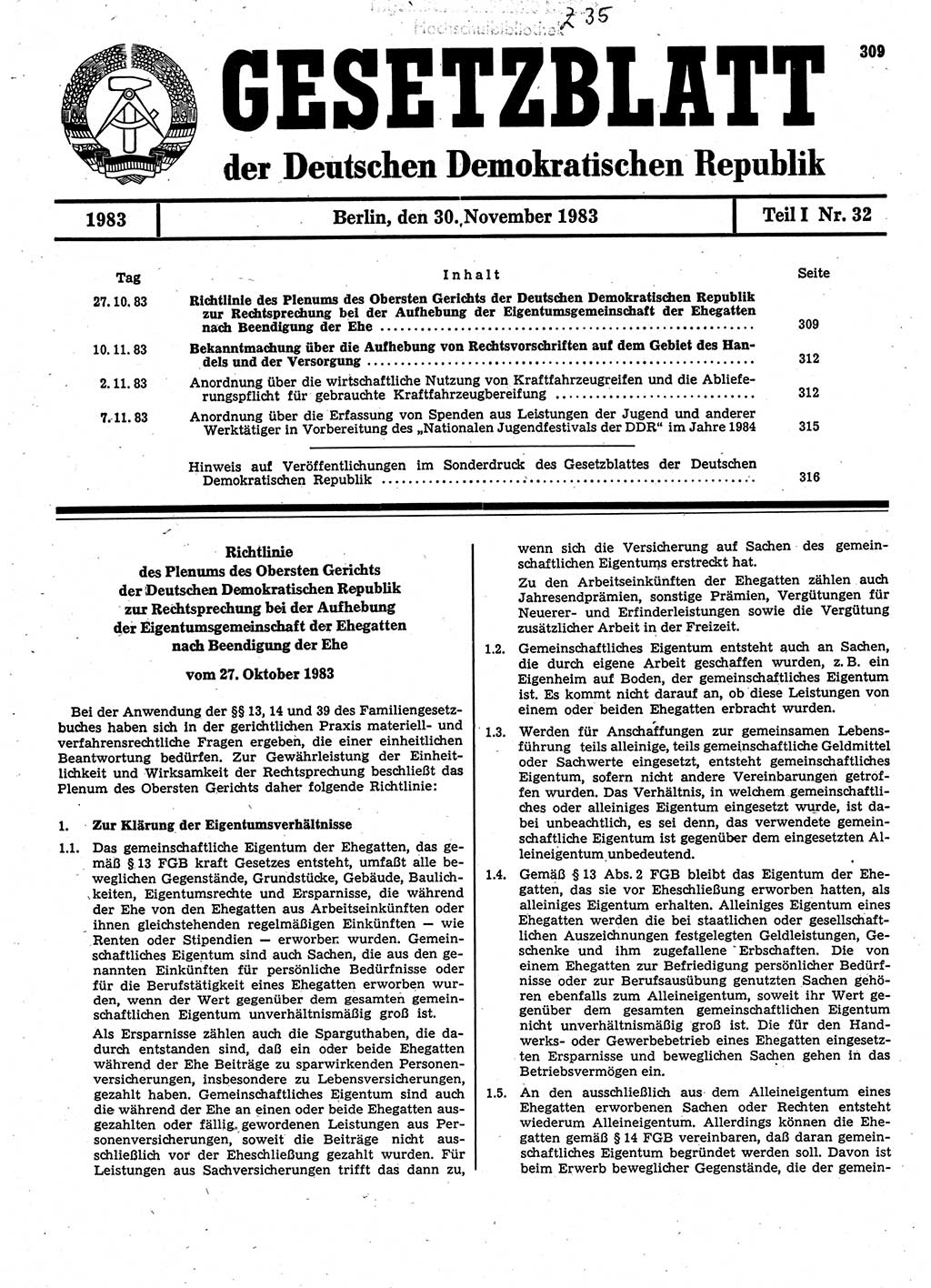 Gesetzblatt (GBl.) der Deutschen Demokratischen Republik (DDR) Teil Ⅰ 1983, Seite 309 (GBl. DDR Ⅰ 1983, S. 309)