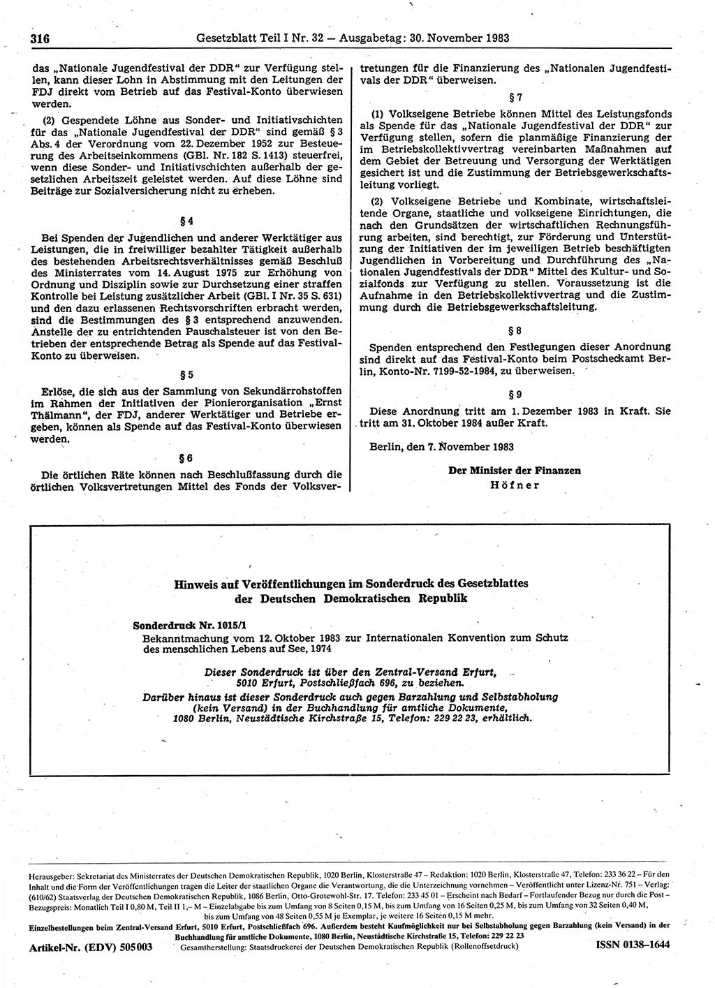 Gesetzblatt (GBl.) der Deutschen Demokratischen Republik (DDR) Teil Ⅰ 1983, Seite 316 (GBl. DDR Ⅰ 1983, S. 316)
