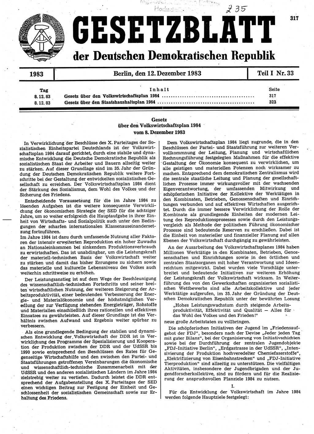 Gesetzblatt (GBl.) der Deutschen Demokratischen Republik (DDR) Teil Ⅰ 1983, Seite 317 (GBl. DDR Ⅰ 1983, S. 317)