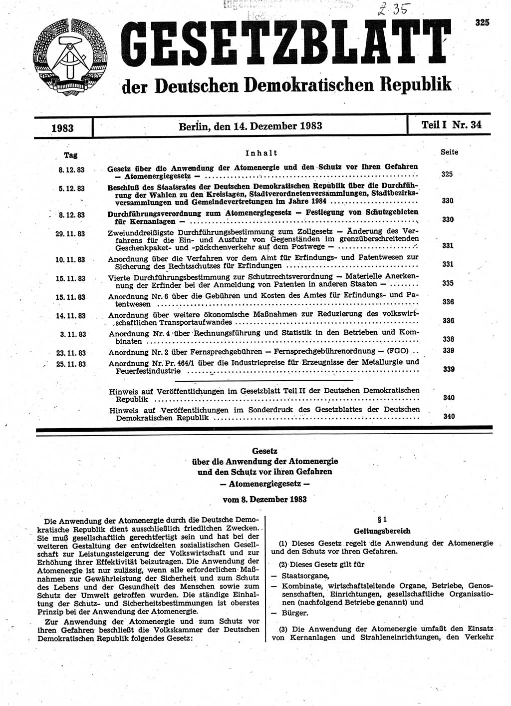 Gesetzblatt (GBl.) der Deutschen Demokratischen Republik (DDR) Teil Ⅰ 1983, Seite 325 (GBl. DDR Ⅰ 1983, S. 325)