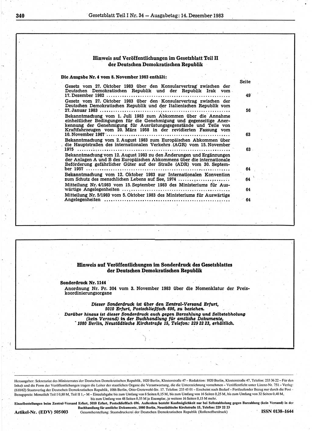 Gesetzblatt (GBl.) der Deutschen Demokratischen Republik (DDR) Teil Ⅰ 1983, Seite 340 (GBl. DDR Ⅰ 1983, S. 340)