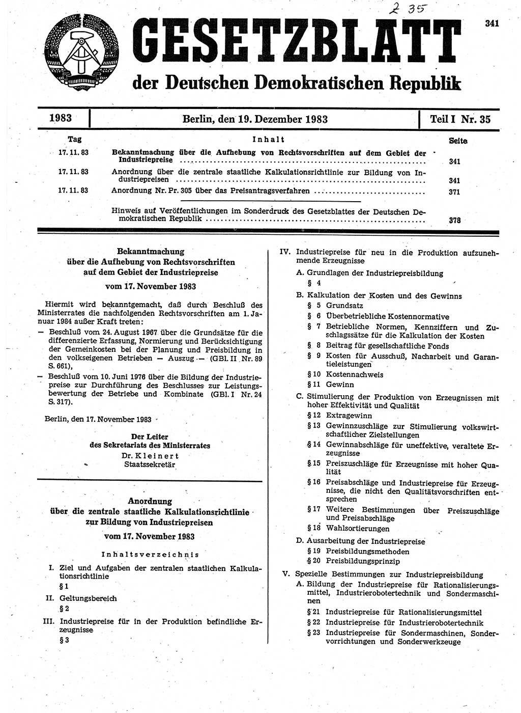 Gesetzblatt (GBl.) der Deutschen Demokratischen Republik (DDR) Teil Ⅰ 1983, Seite 341 (GBl. DDR Ⅰ 1983, S. 341)