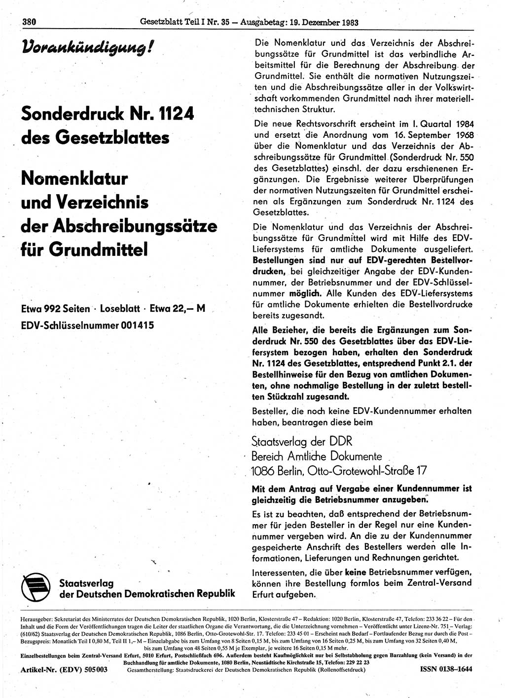 Gesetzblatt (GBl.) der Deutschen Demokratischen Republik (DDR) Teil Ⅰ 1983, Seite 380 (GBl. DDR Ⅰ 1983, S. 380)
