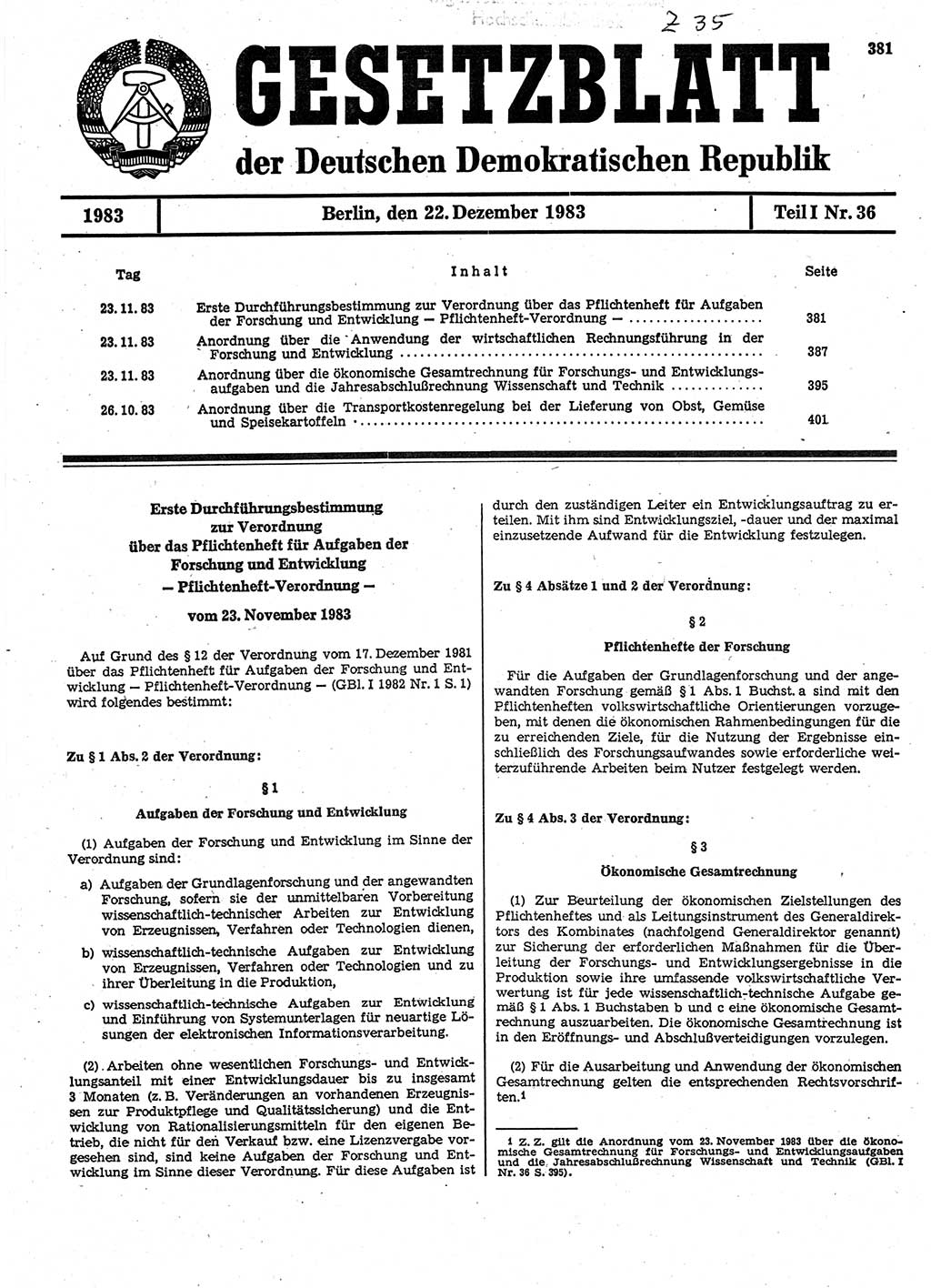 Gesetzblatt (GBl.) der Deutschen Demokratischen Republik (DDR) Teil Ⅰ 1983, Seite 381 (GBl. DDR Ⅰ 1983, S. 381)