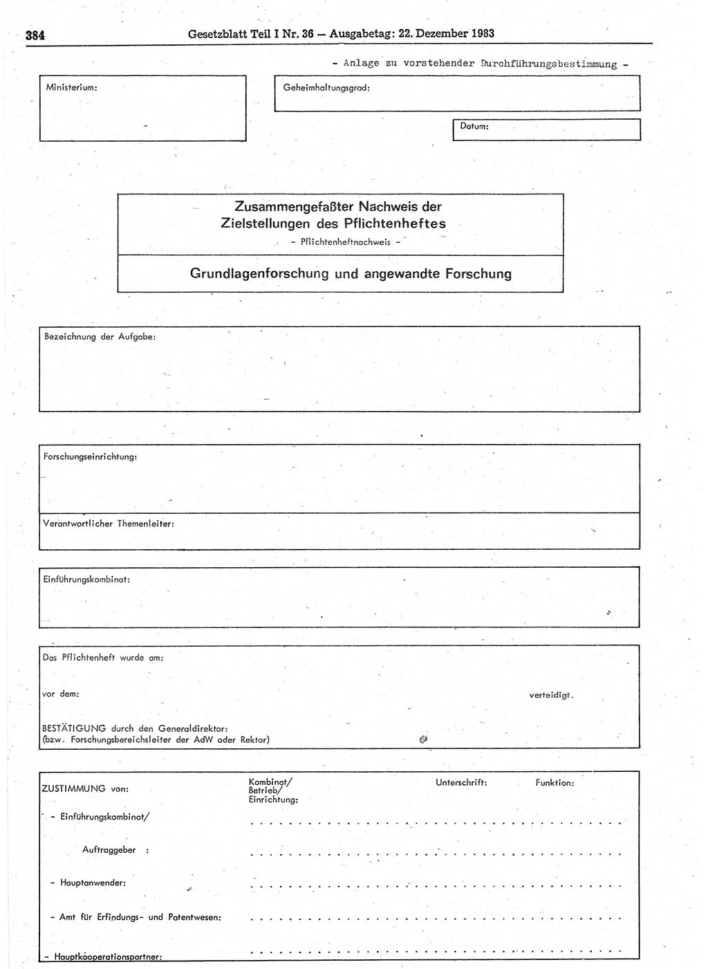 Gesetzblatt (GBl.) der Deutschen Demokratischen Republik (DDR) Teil Ⅰ 1983, Seite 384 (GBl. DDR Ⅰ 1983, S. 384)