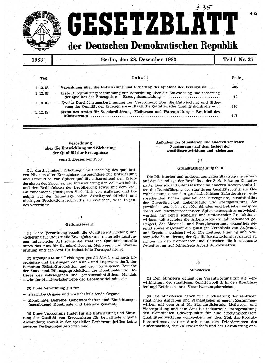 Gesetzblatt (GBl.) der Deutschen Demokratischen Republik (DDR) Teil Ⅰ 1983, Seite 405 (GBl. DDR Ⅰ 1983, S. 405)