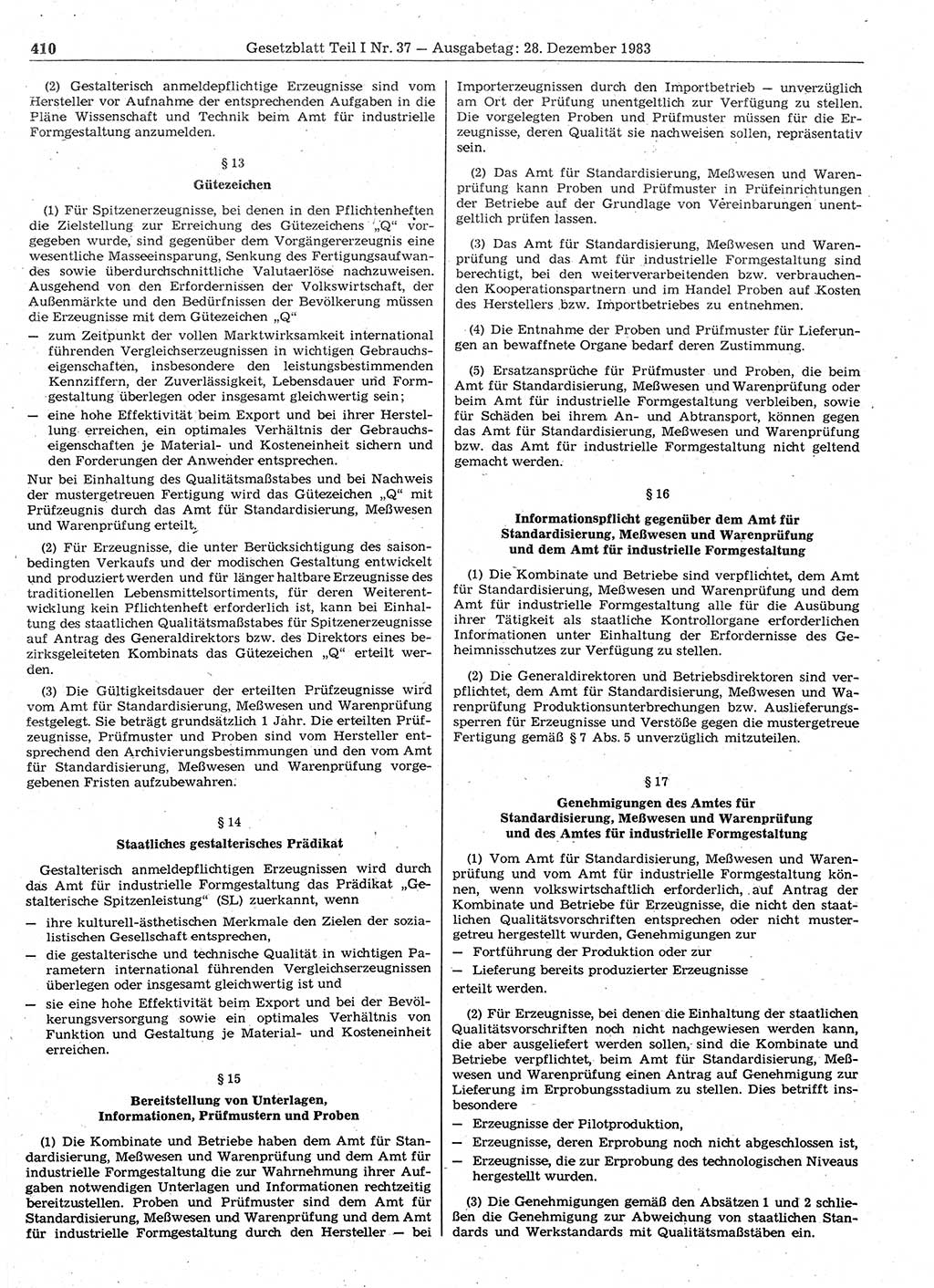 Gesetzblatt (GBl.) der Deutschen Demokratischen Republik (DDR) Teil Ⅰ 1983, Seite 410 (GBl. DDR Ⅰ 1983, S. 410)