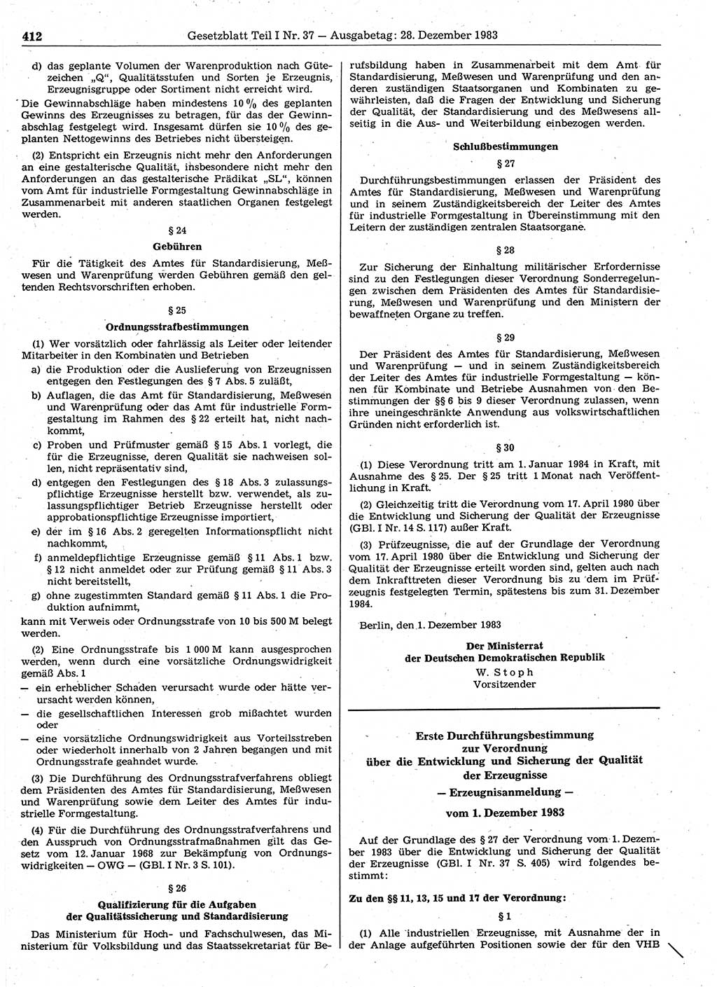 Gesetzblatt (GBl.) der Deutschen Demokratischen Republik (DDR) Teil Ⅰ 1983, Seite 412 (GBl. DDR Ⅰ 1983, S. 412)