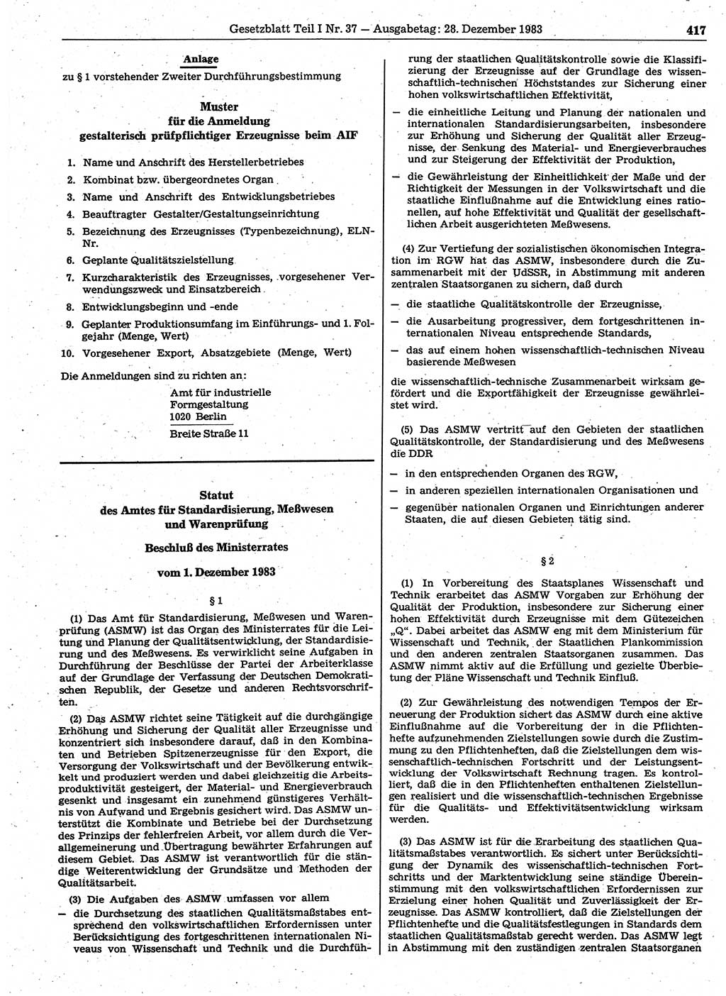Gesetzblatt (GBl.) der Deutschen Demokratischen Republik (DDR) Teil Ⅰ 1983, Seite 417 (GBl. DDR Ⅰ 1983, S. 417)