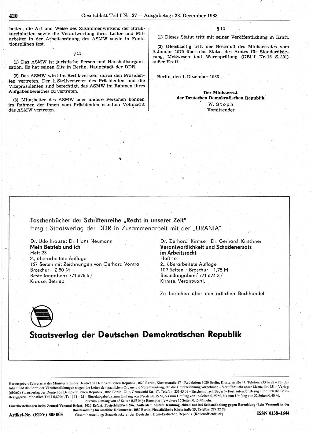 Gesetzblatt (GBl.) der Deutschen Demokratischen Republik (DDR) Teil Ⅰ 1983, Seite 420 (GBl. DDR Ⅰ 1983, S. 420)
