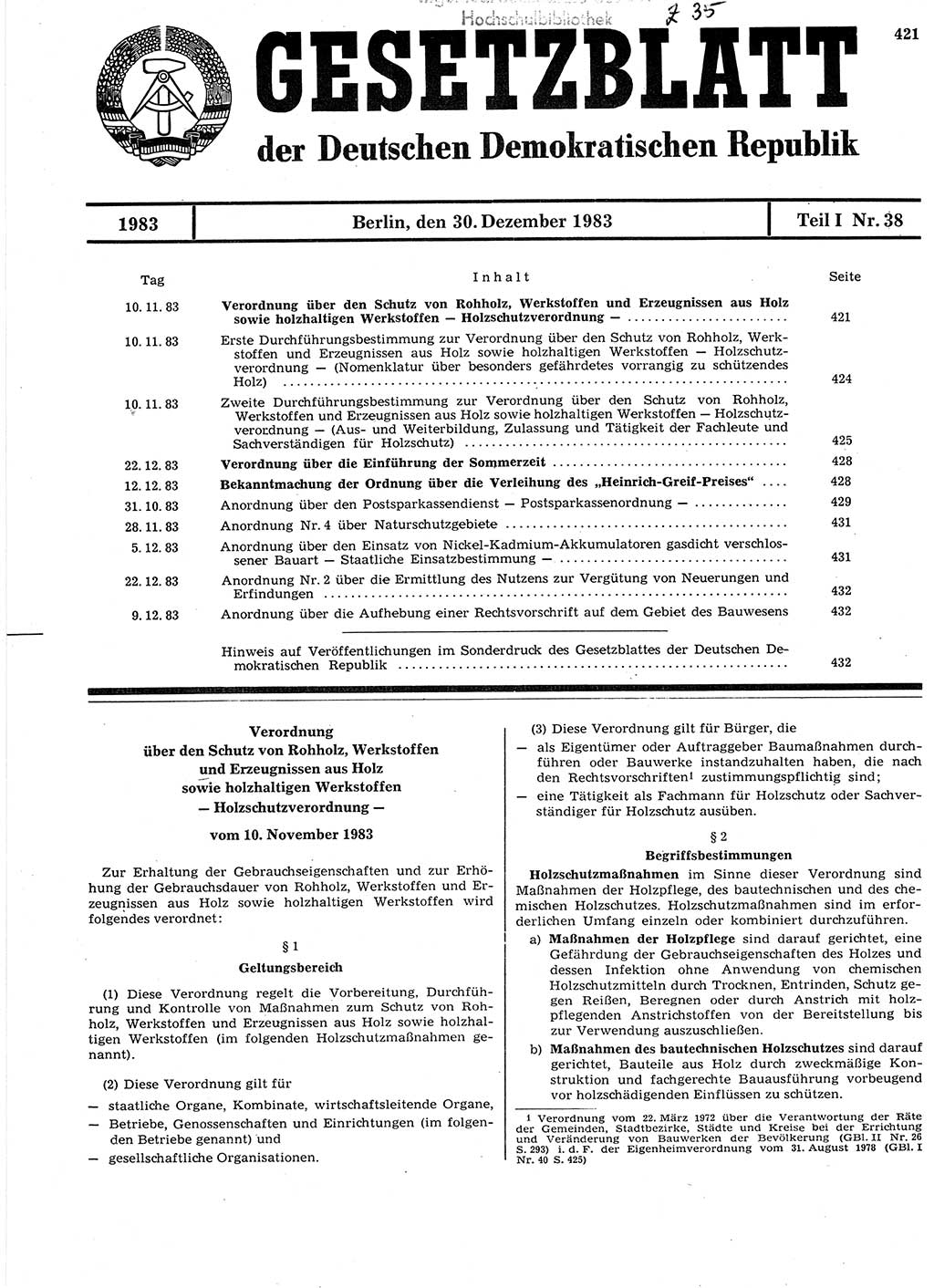 Gesetzblatt (GBl.) der Deutschen Demokratischen Republik (DDR) Teil Ⅰ 1983, Seite 421 (GBl. DDR Ⅰ 1983, S. 421)