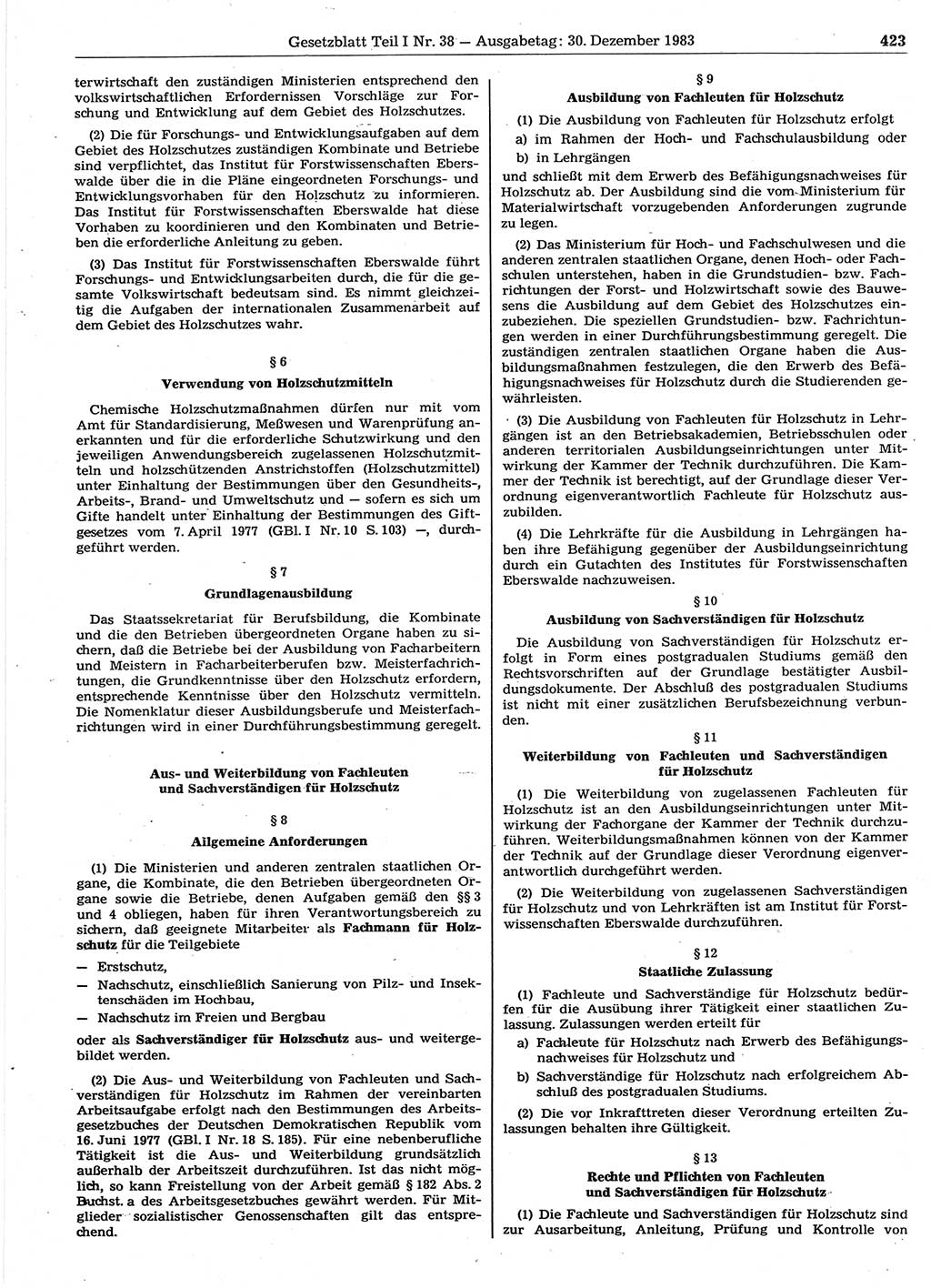 Gesetzblatt (GBl.) der Deutschen Demokratischen Republik (DDR) Teil Ⅰ 1983, Seite 423 (GBl. DDR Ⅰ 1983, S. 423)