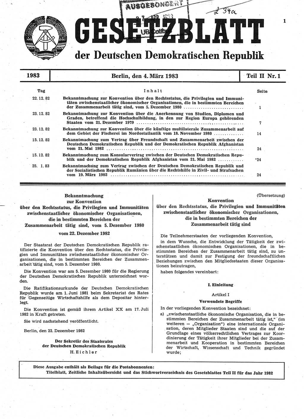 Gesetzblatt (GBl.) der Deutschen Demokratischen Republik (DDR) Teil ⅠⅠ 1983, Seite 1 (GBl. DDR ⅠⅠ 1983, S. 1)