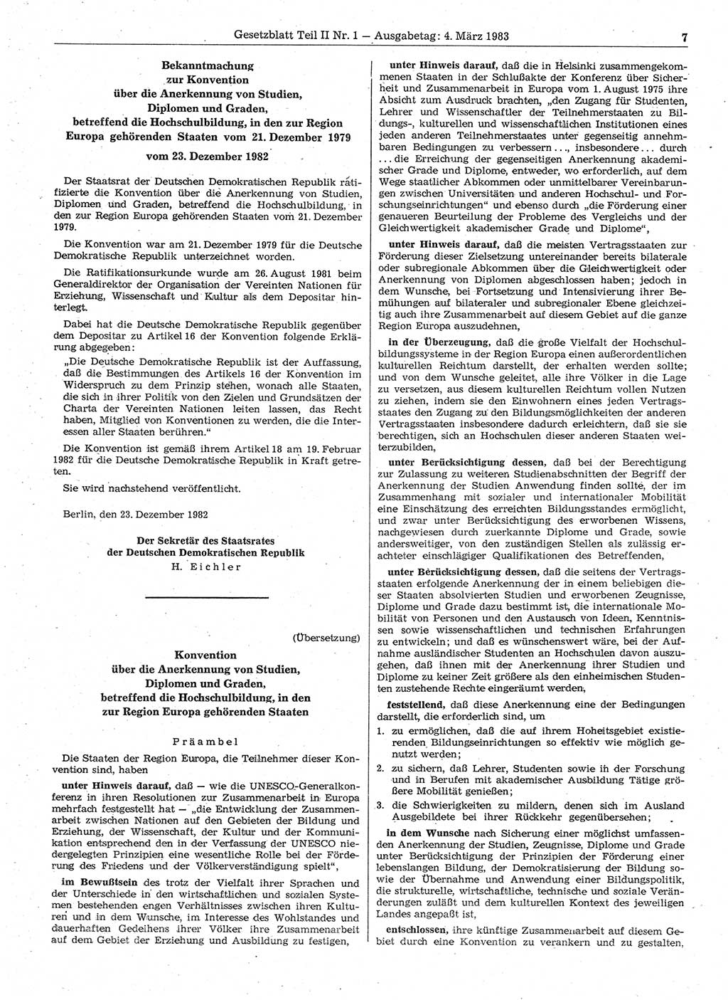 Gesetzblatt (GBl.) der Deutschen Demokratischen Republik (DDR) Teil ⅠⅠ 1983, Seite 7 (GBl. DDR ⅠⅠ 1983, S. 7)